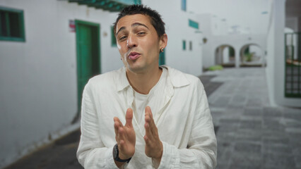 Naklejka premium Young hispanic man outdoors with clasped hands in a white shirt against a background of white buildings and green doors exuding a relaxed and joyful atmosphere.