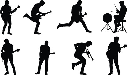 Energetic black silhouettes of diverse musicians performing with electric guitars, symbolizing live music, creativity, teamwork, and dynamic stage presence for concert and artistic themes. © MSTNASRIN