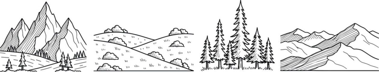 Obraz premium Hand-drawn black line landscape with rocky mountains, rolling hills, pine forest and minimal wilderness scenery isolated on white background
