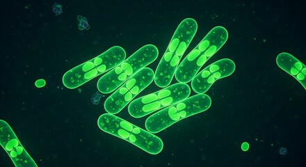 Naklejka premium Group of glowing green rod shaped bacteria undergoing cellular division illuminated under a fluorescence microscope displaying internal structures in a dark scientific environment