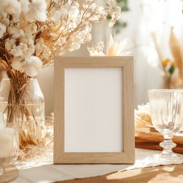 Empty wood photo frame with dried flowers and glass on a table