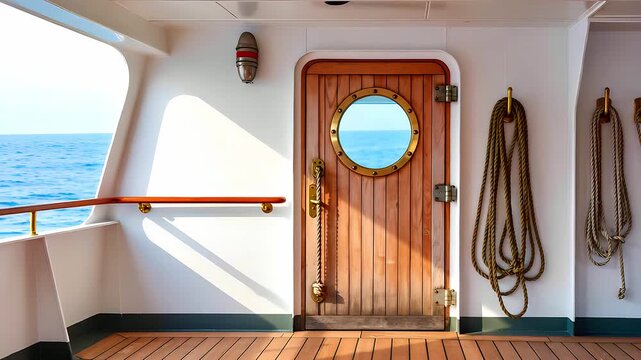 Wooden door with porthole on a luxury yacht or cruise ship deck
