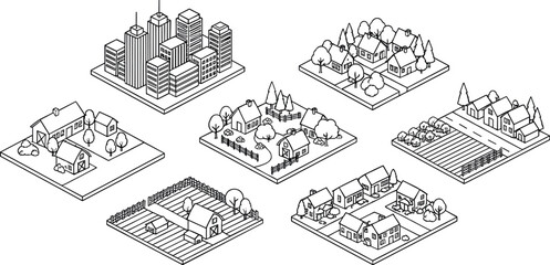 Isometric black line miniature city, suburb and farmland landscapes with buildings, trees, roads, fields and urban planning layouts © REYAD