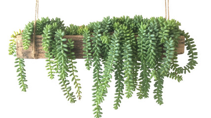 Hanging wooden planter with green succulent plant isolated on a transparent background