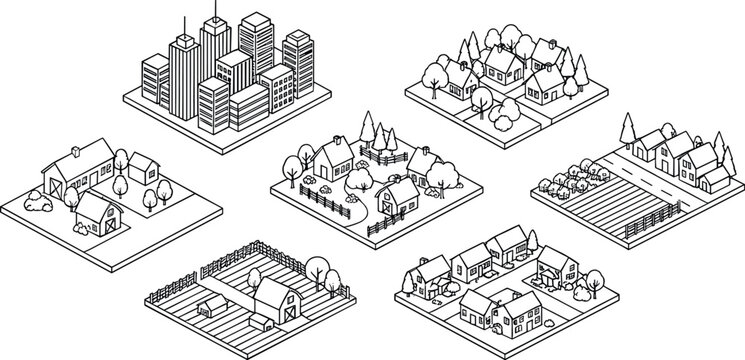 Isometric black line miniature city, suburb and farmland landscapes with buildings, trees, roads, fields and urban planning layouts