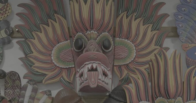 Ceylon Gini Raksha Fire Wooden Mask Sculpture. Sri Lankan Flower Bird Devil - Mal Gurulu Raksha- Mask which shows Garuda and a Serpent and is said to give Power and Fame. Fire Devil mask, Gini Raksha