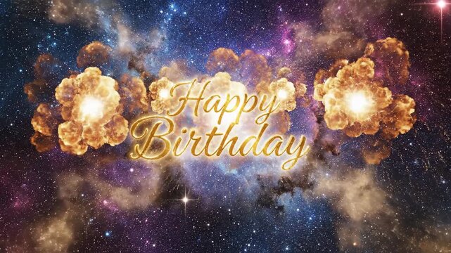 Digital illustration of a Happy Birthday message in gold cursive font against a vibrant, starry galaxy background with orange nebulae.