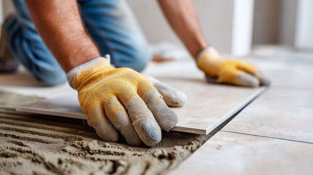 A man is laying down on the floor and working on a tile