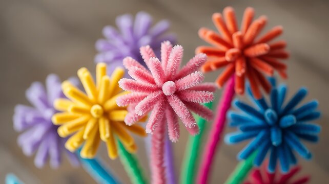 Colorful pipe cleaner flowers in close-up macro shot with vibrant petals and stems