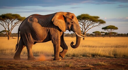 Naklejka premium Majestic African elephant walks across dry savanna grassland at sunset illuminated by warm golden light with acacia trees dotting the horizon