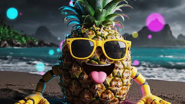 A cartoon pineapple character wearing sunglasses on a beach with a dramatic sky and mountains in the distance