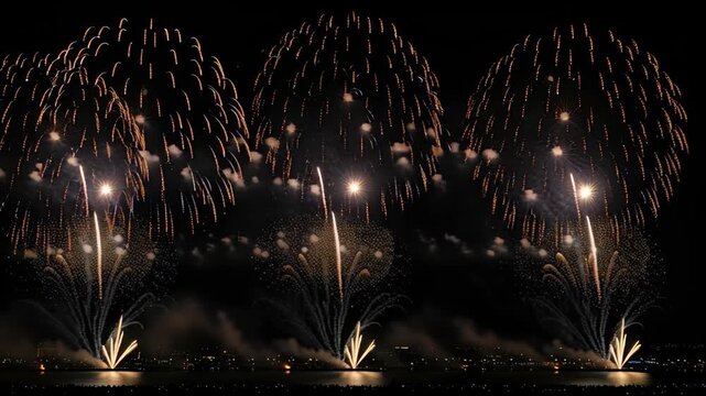 Colorful fireworks display exploding in the night sky over water