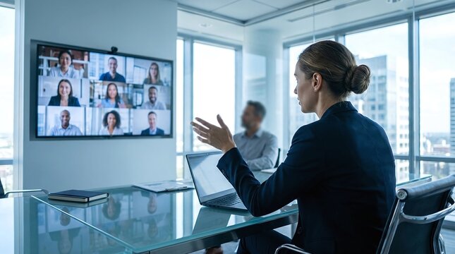 Businesswoman leading a remote video conference meeting in office