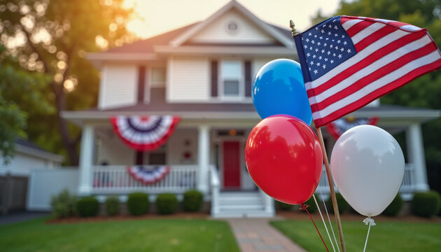 Patriotic decorations with balloons and flag outside home
