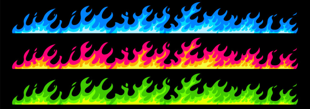Vector set of illustration of color flame border on black background. Various burning flame shape of line fire. Flat style design of part of fire frame