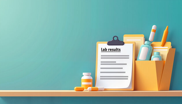 Lab results with medication on a wooden shelf
