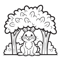Cartoon rabbit sitting under trees in a playful nature scene  