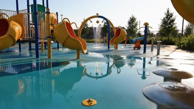 Vibrant Empty Water Playground Splash Pad on a Sunny Day