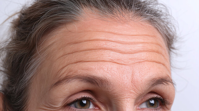 Closeup forehead wrinkle lines aged skin portrait with visible fine lines and natural expression