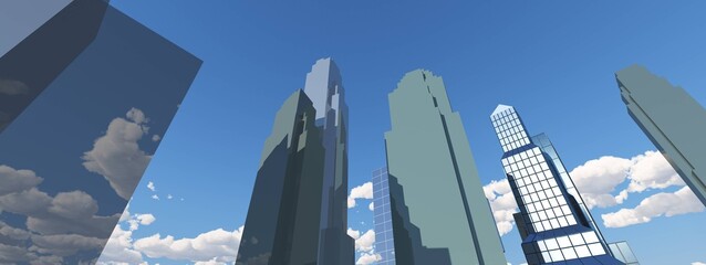 Skyscrapers, high-rise buildings from below against the background of the sky, cityscape, panorama of skyscrapers, 3D rendering © ustas