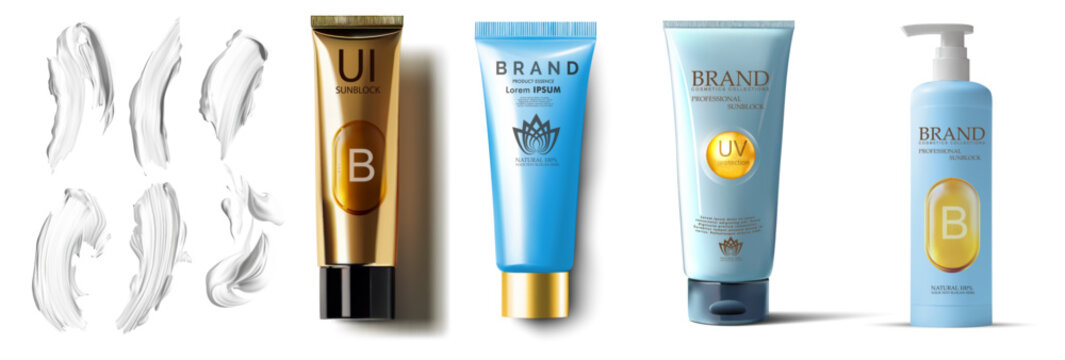 Premium sunscreen packaging mockup set with realistic cream swatches, glossy tubes and a pump bottle in blue and gold, perfect for cosmetic branding and product presentations.  Beach creams, gels 3d v
