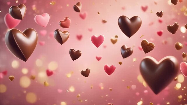 Floating hearts and chocolate background　ピンク色背景の宙に舞うハートとチョコレート　フルHD　動画