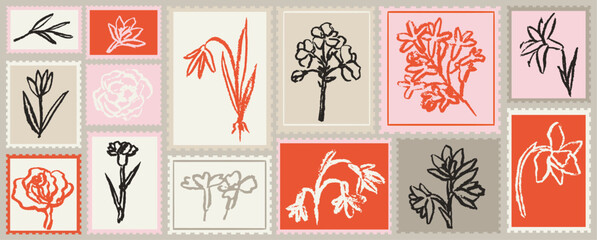Grunge minimal charcoal or chalk spring summer flower collection. Vector illustration of ink hand drawn wild and garden herbs set. Wax crayon drawings. Floral silhouette elements for scrapbooking. © KPstudio