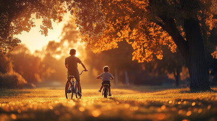 Back View of Father and Son riding Bicycles in Park at Golden Sunset