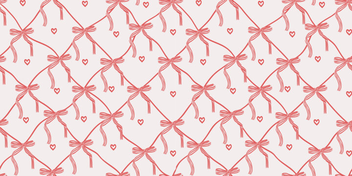 Seamless pattern with red hearts and bows with ribbons. Romantic background for wedding and valentine's day. Delicate textile wrapping paper design in doodle style. Vector. Love geometric background.