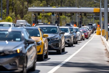 Heavy Traffic at Toll Gate with Vehicles Jammed Half Open Lane
