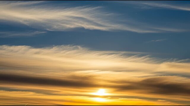 Dramatic sunset sky with golden light and wispy clouds at dusk