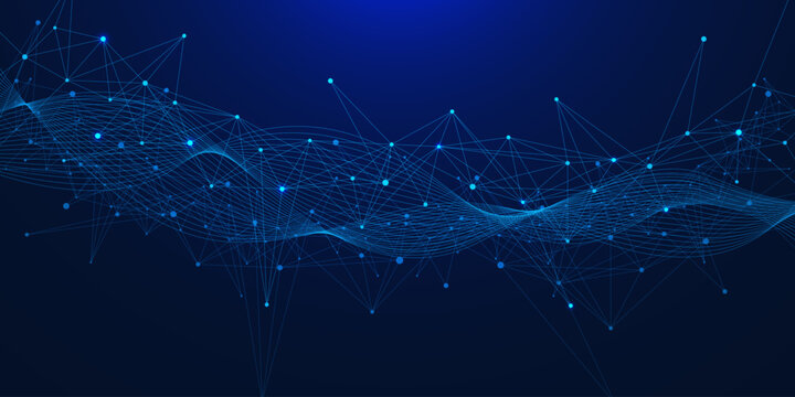 Futuristic network connection dots lines and wave flow. Social communication and big data visualization. Design for internet technology, science and business. Vector