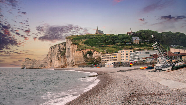 The town of Etretat, a famous landmark in France for its cliffs and arches