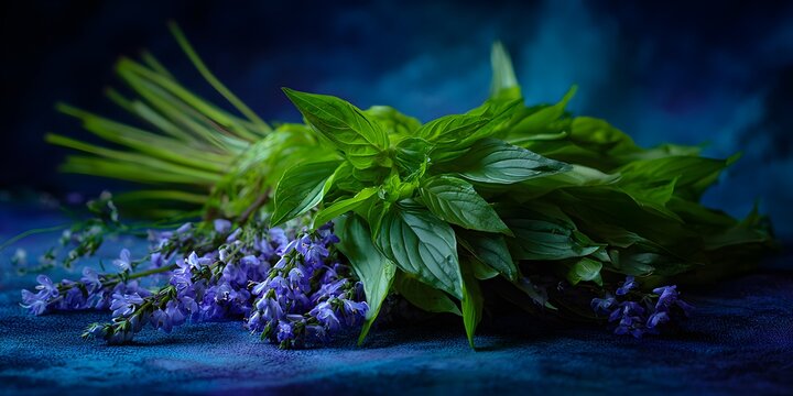 Tender sprig of rau thm emerges vibrant tapestry of Vietnamese herb delicate cluster of leafy green fragrant flower unfurl elegant dance of texture scent clean professional stock photo sharp macro