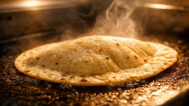 Steaming flatbread puffs up on a hot griddle, showcasing the cooking process with visible steam and golden-brown spots, emphasizing the transformation of dough into a delicious culinary staple
