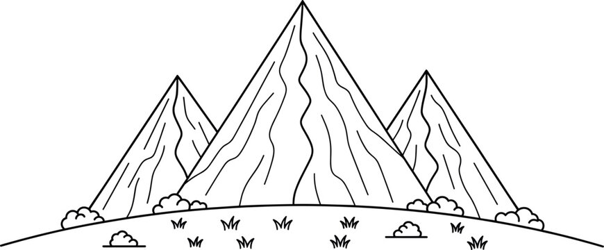 Minimal black line mountain landscape with three peaks, rolling ground, shrubs, clouds and open horizon scenery