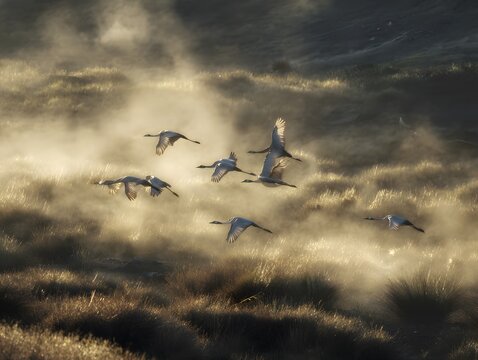 Ethereal morning mist swirl around delicate wing of exotic Muisca Birds Podiceps andinus rising like mist over rolling Andean grassland their silvery feather shimmering golden light of dawn clean