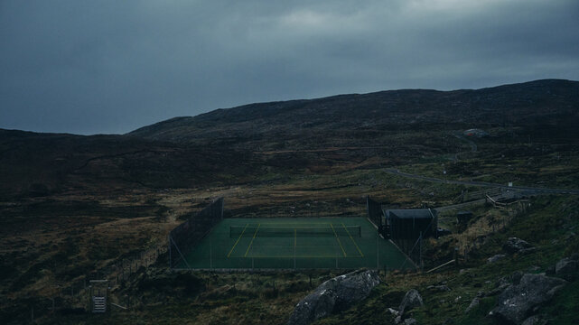 remote and empty tennis court in the mountains