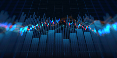 financial chart with uptrend line candlestick graph in stock market on blue color background © iamchamp
