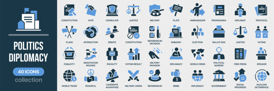 Politics and diplomacy fill icon collection. Includes government, elections, voting, negotiations, international relations, and political processes symbols. Created in colored style with blue palette