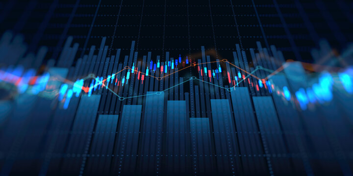 financial chart with uptrend line candlestick graph in stock market on blue color background