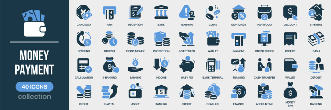 Money and payment fill icon collection. Includes banking, finance, income, transactions, savings, and payment process symbols. Created in colored style
