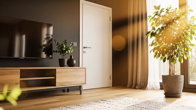 Modern living room with television and potted plant near window with natural light