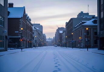 Muted winter city street after fresh snowfall with footprints fading into distance conveying transition and quiet determination