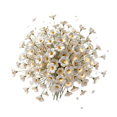 Beautiful 3D Render of a White Flower Bouquet with Glowing Golden Centers Floating Petals on Light Gray Background for Spring Decoration Design