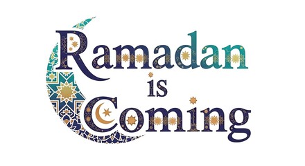 Obraz premium Ramadan is coming typography design with a crescent moon and geometric patterns on a white background