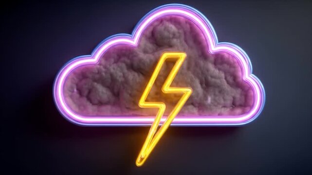 Neon cloud and lightning bolt icon on dark background digital illustration