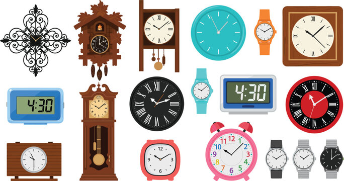 Diverse Clock and Watch Collection Featuring Vintage Grandfather Clocks, Cuckoo Clocks, Modern Digital Alarms, and Stylish Wristwatches for Home Decor Design