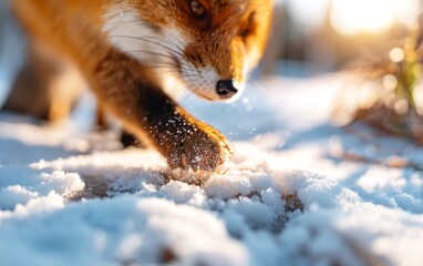 Fototapeta premium Close-Up of a Fox Pawing Through Snow in a Snowy Area