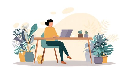 Fototapeta premium Businessman sitting at an office desk working on his laptop vector illustration